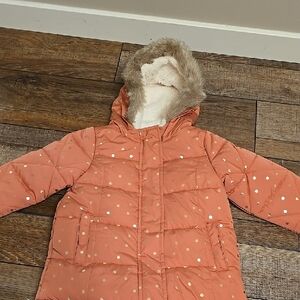 Coral Polka Dot Puffer Jacket with Faux Fur Hood